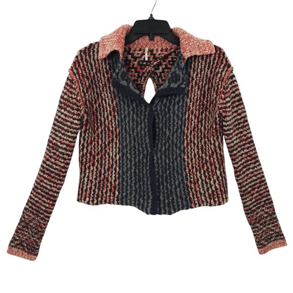 Free People Open Back Sweater Womens S Striped Snap Front Wool Blend Red Black - Picture 1 of 16
